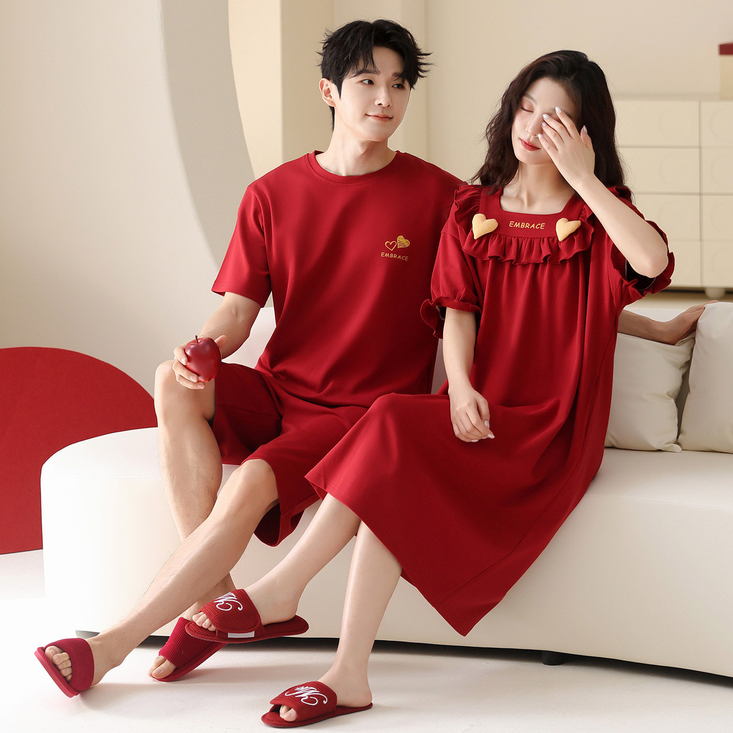 结婚睡衣新婚情侣夏季纯棉短袖睡裙女红色男士高档婚用家居服套装,女士内衣/男士内衣/家居服,睡衣/家居服套装,淘宝优惠券,粉丝福利购,淘宝优惠卷