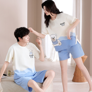 情侣睡衣夏季薄款纯棉短袖女家居服夏天卡通可爱大码男士全棉套装