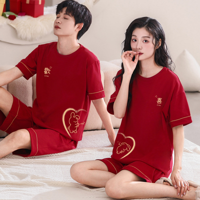 红色情侣睡衣纯棉短袖短裤套装