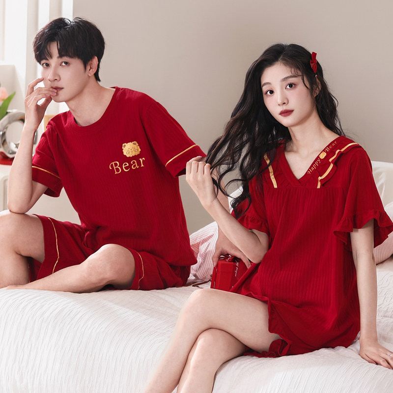 新婚结婚情侣睡衣夏季短袖薄款大红喜庆本命年红色纯棉家居服套装,女士内衣/男士内衣/家居服,睡衣/家居服套装,淘宝优惠券,粉丝福利购,淘宝优惠卷
