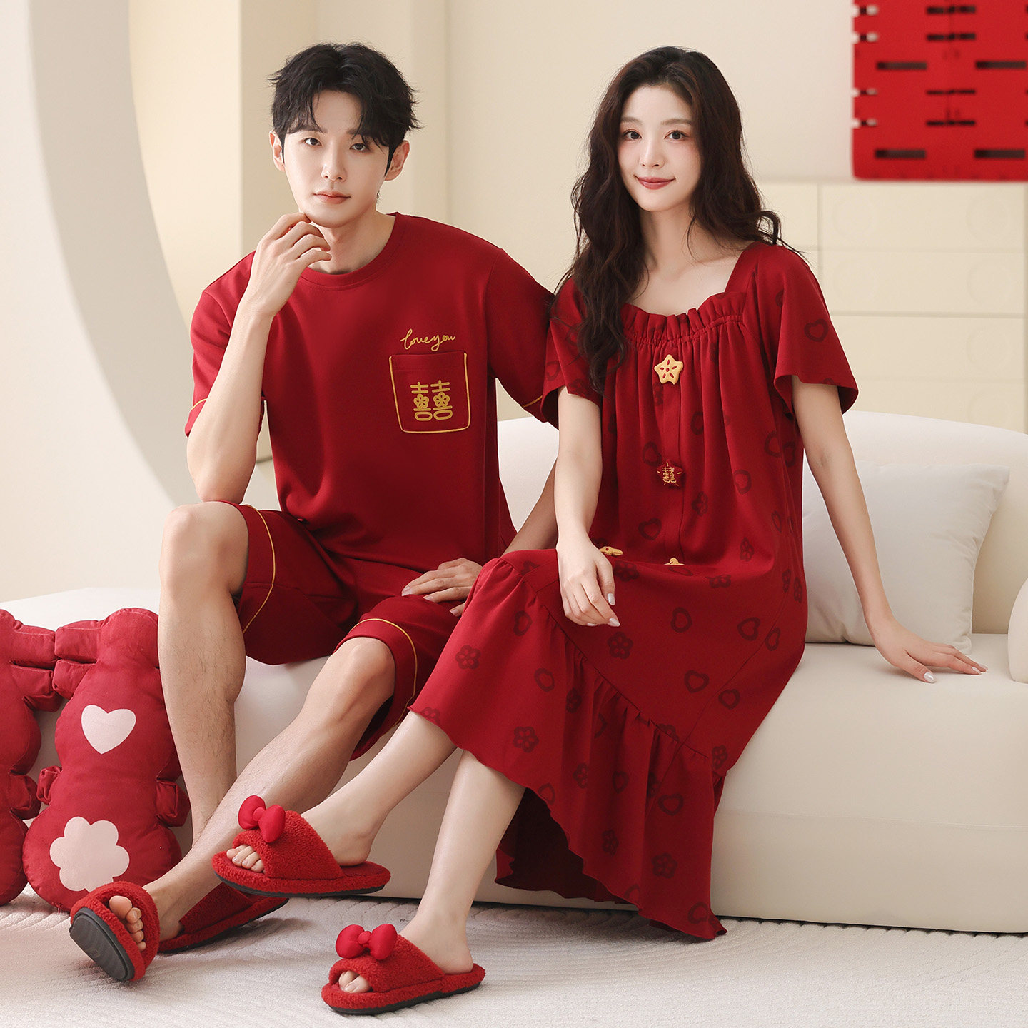 结婚睡衣新婚情侣套装夏季纯棉短袖睡裙女红色男士高档婚用家居服,女士内衣/男士内衣/家居服,睡衣/家居服套装,淘宝优惠券,粉丝福利购,淘宝优惠卷