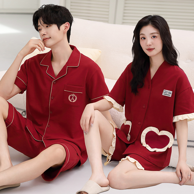 大红情侣纯棉短袖睡衣全棉套装