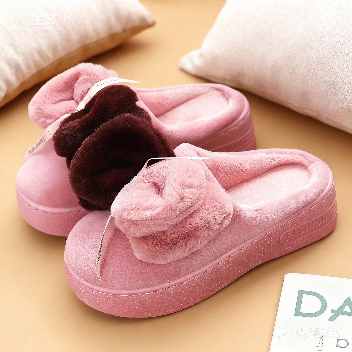 冬季厚底高跟女士棉拖鞋可爱卡通