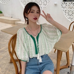 Real shot real price ethnic style lace up contrast loose 5-sleeve Embroidered Shirt Top