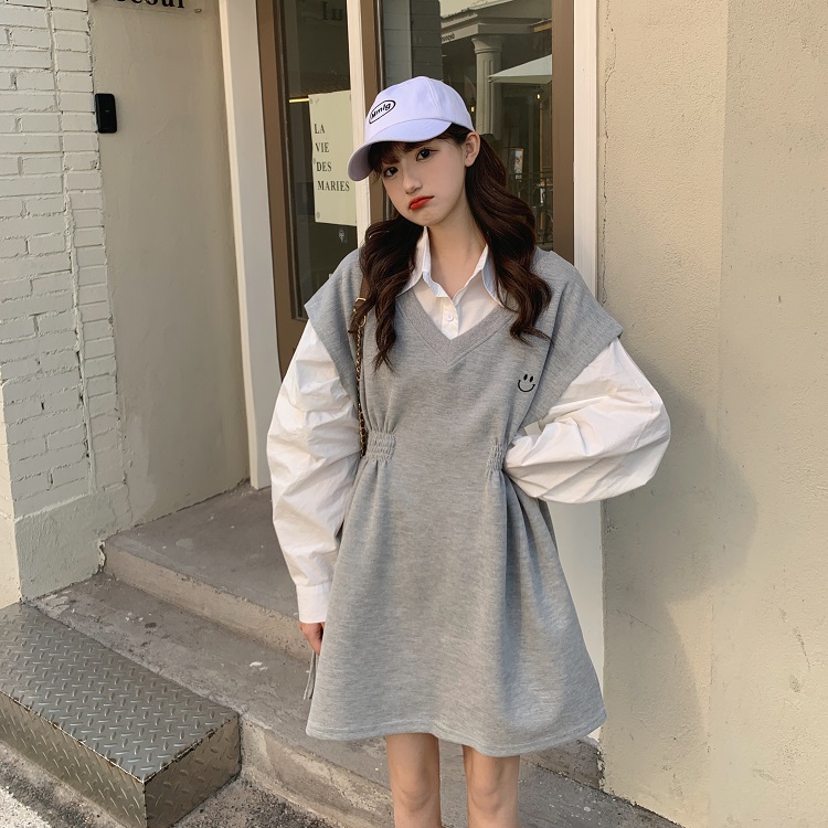 Real price Korean design V-neck waist thin embroidery split vest skirt shirt two-piece set