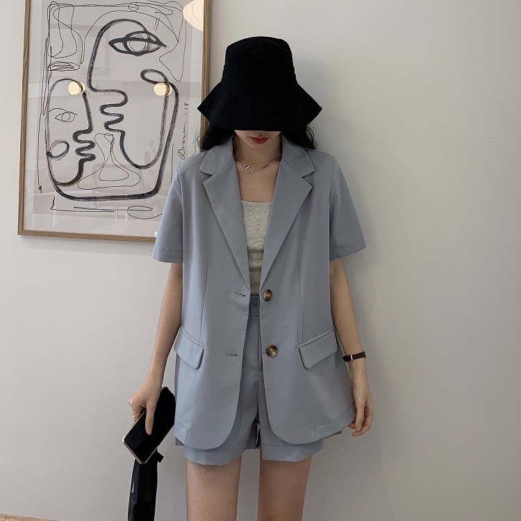 Real photo Korean loose solid color thin short sleeve suit casual shorts two piece set