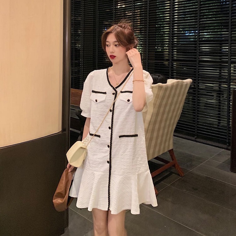 Real price French retro small fragrance color contrast temperament V-neck fishtail dress