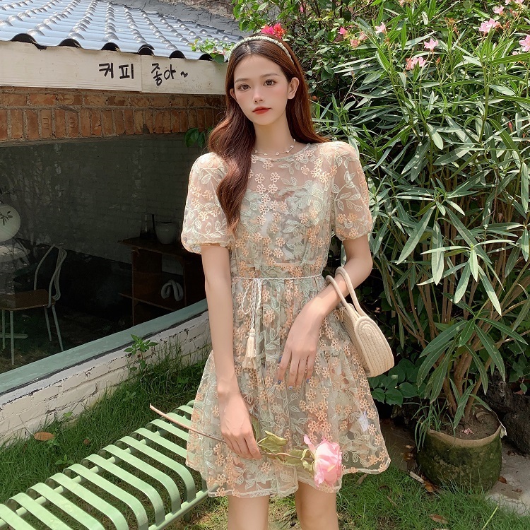 Real price French sweet embroidery mesh floral dress two piece belt