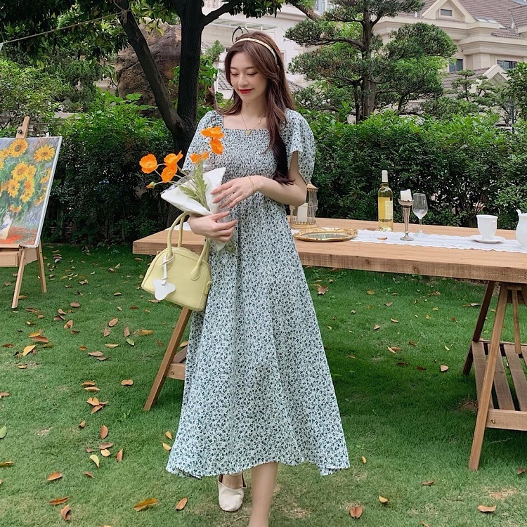 Real price French square collar pleated elastic high waist slim medium length Floral Dress