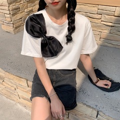 Real shot and real price Korean design feeling bowknot foreign style age reducing loose short sleeve T-shirt
