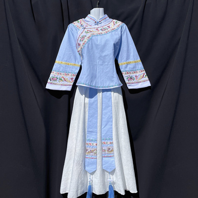 贵州少数民族布依族壮族服装服饰套装浅蓝衣服土布休闲套装女