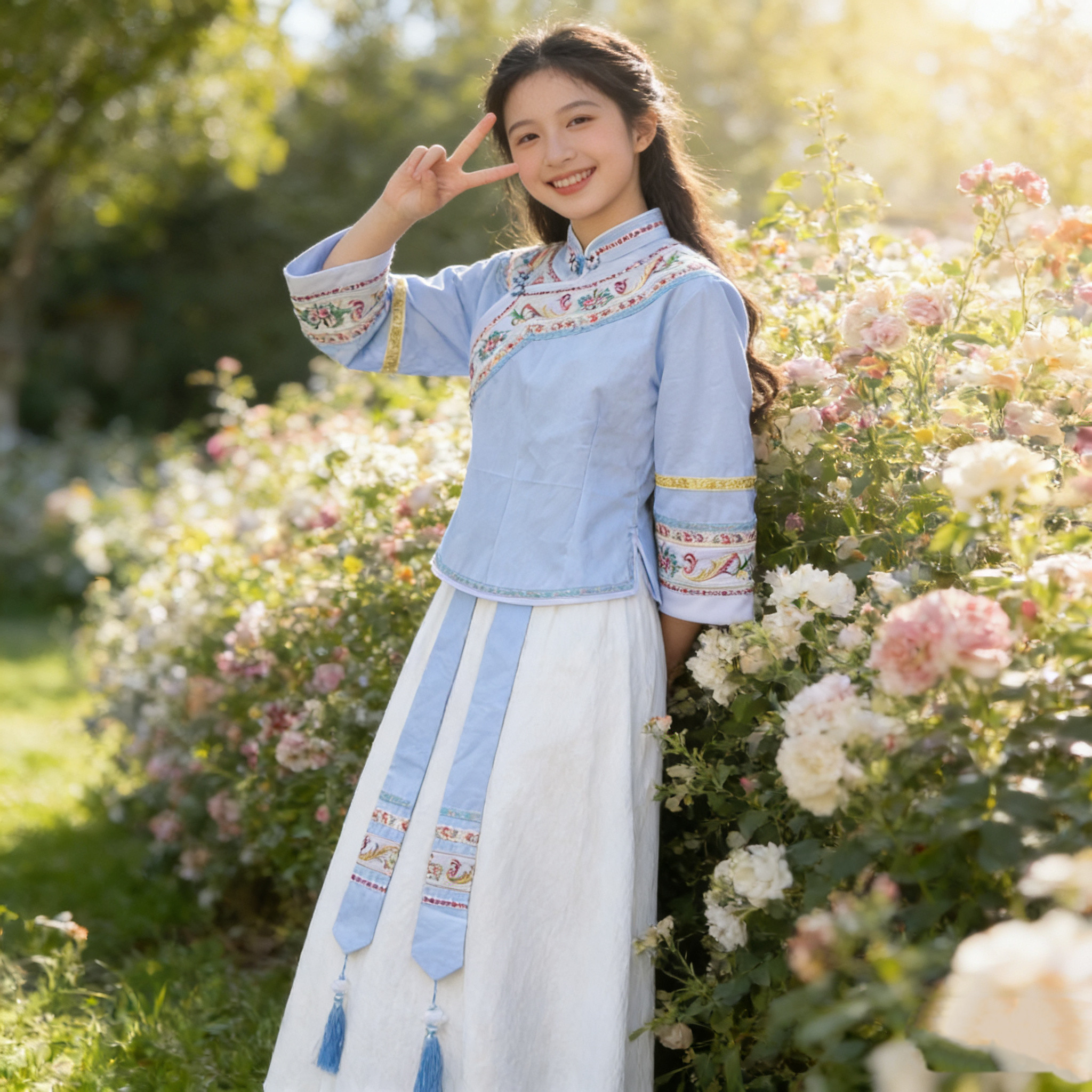 民族服装贵州少数民族布依族壮族服饰浅蓝衣服土布休闲套装女装图片