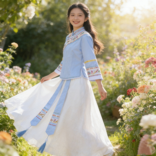 贵州少数民族布依族壮族服装服饰套装浅蓝衣服土布休闲套装女