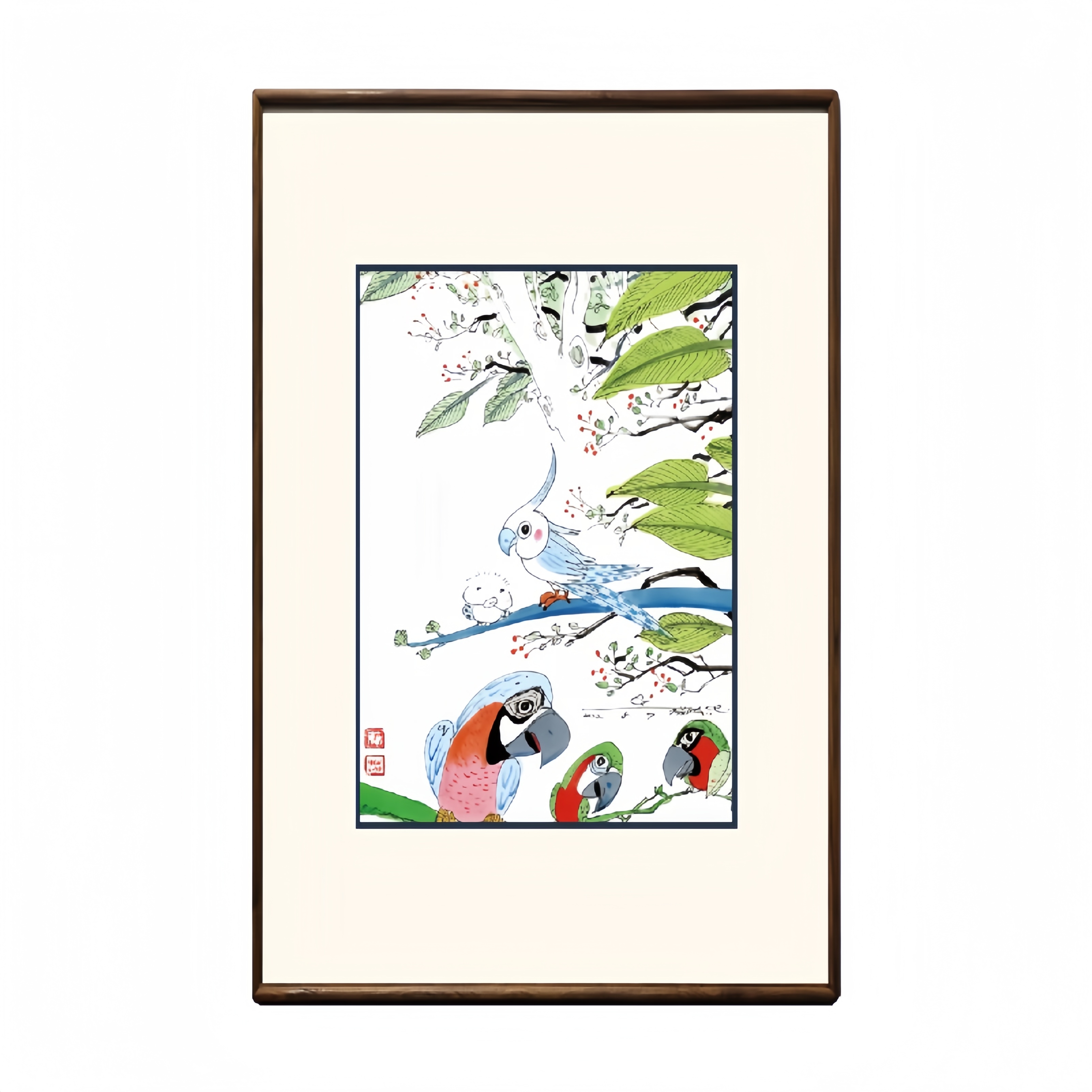 蔡志忠【鸚鵡乘樹】儿童书房玄关卡通装饰画【实木裱】动物挂画图片