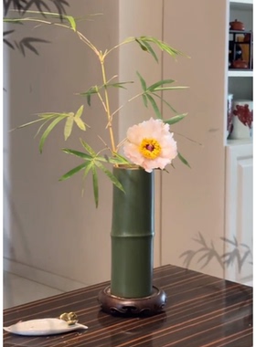 大相莲花竹子花瓶仿真竹节插花水培花器陶瓷竹筒情绪稳定家居摆件