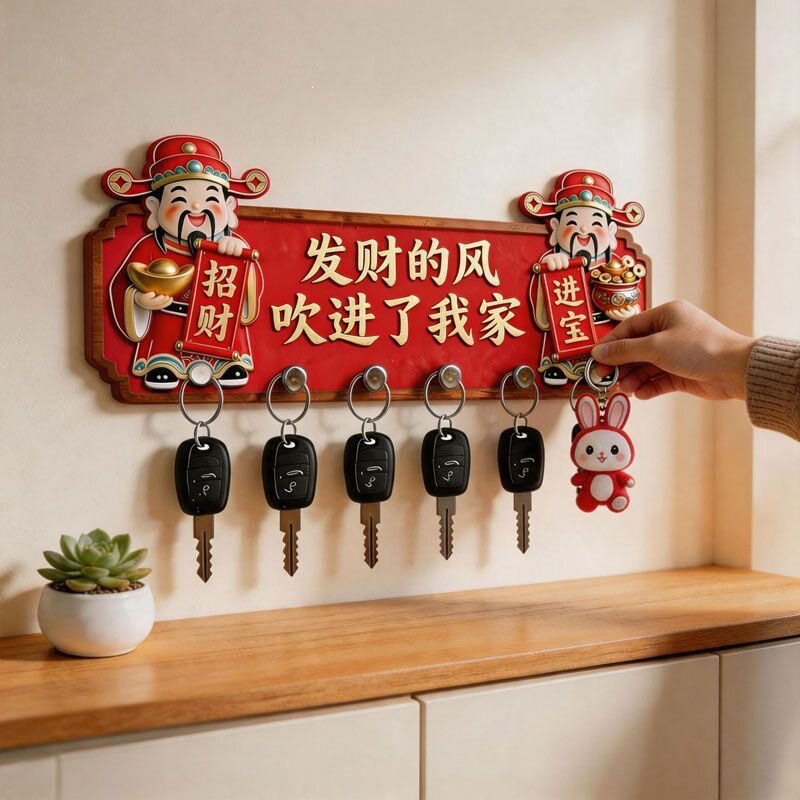 免打孔财神招财木制钥匙挂钩入户玄关墙上客厅收纳挂架门口装饰GG