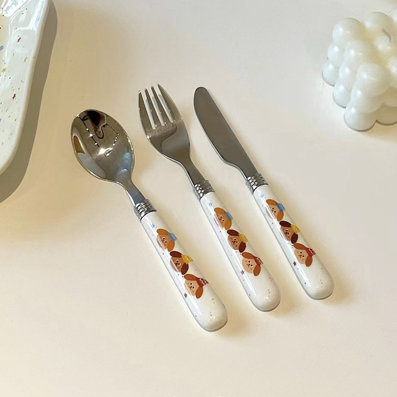 可爱三只小狗餐具套装304不锈钢家用勺子甜品叉子儿童刀叉勺套装
