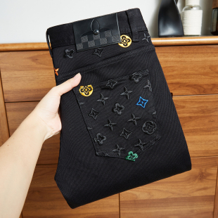 刺绣弹力潮流秋冬裤 2025新款 小脚个性 男修身 子 高端品牌黑色牛仔裤