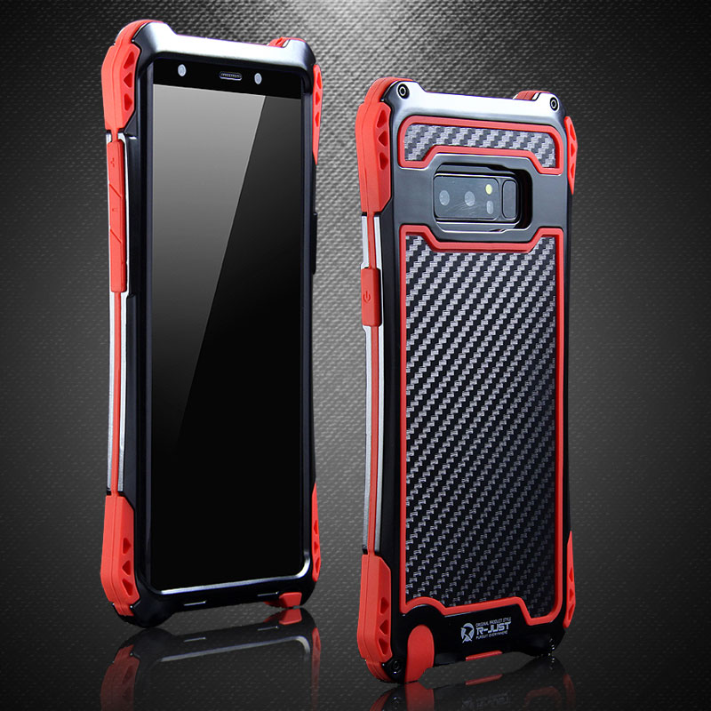 R-Just Amira Heavy Duty Dirtproof Shockproof Rainproof Aluminum Metal Bumper Carbon Fiber Back Cover Case for Samsung Galaxy Note 8