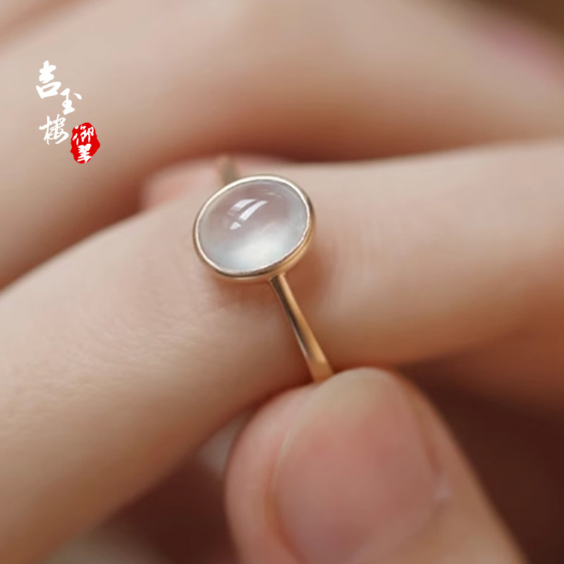 高冰翡翠戒指女冰种戒面裸石玻璃种蛋面白冰翡翠玉戒指18k金镶嵌