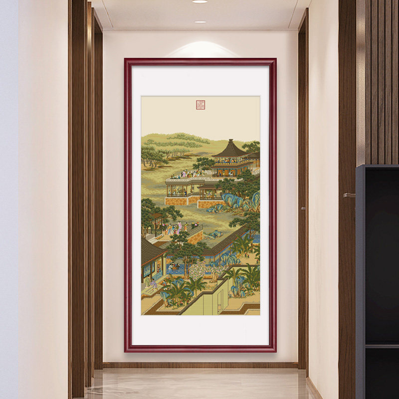 雍正十二月行乐图八月赏月十字绣自己绣玄关竖版古典名画山水建筑