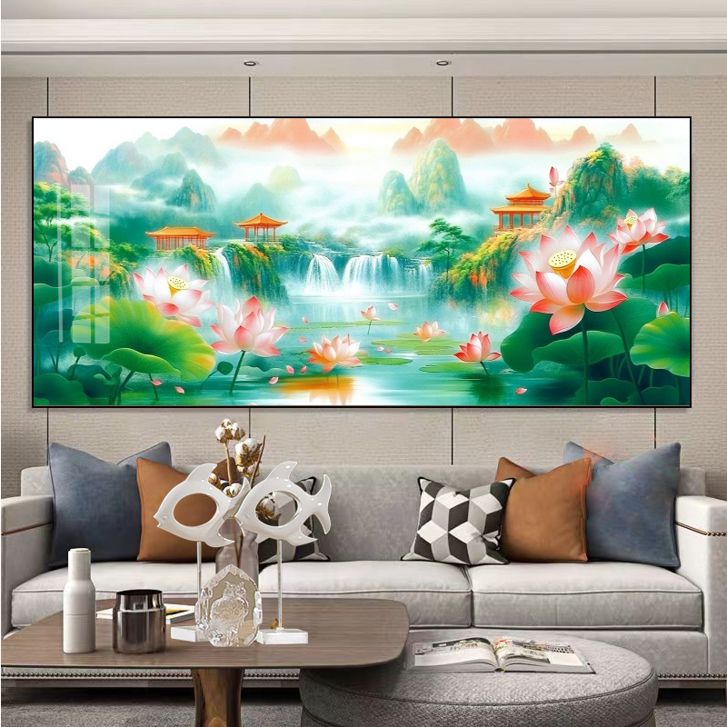 新中式荷花图十字绣和气生财莲花客厅沙发背景墙钻石画手工自己绣
