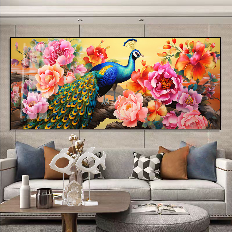 花开富贵孔雀客厅大画十字绣钻石画新款横版精准印花满绣自己绣