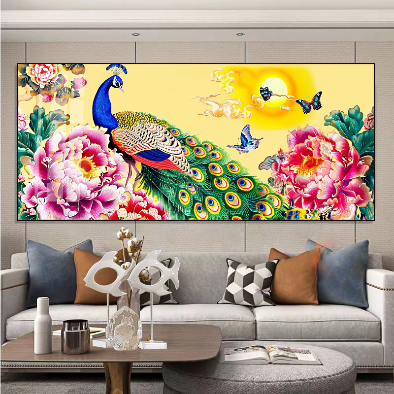 孔雀牡丹花开十字绣钻石画新款客厅横版大画满绣自己绣现代新中式