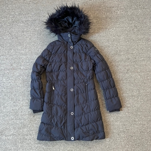 2026品牌大童修身瘦冬季连帽保暖中长款女款少女藏青黑色羽绒服