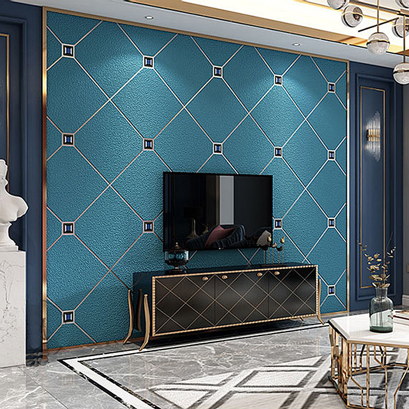 简约3d立体鹿皮绒壁纸镶钻菱格客厅沙发电视背景墙吧台网红墙纸