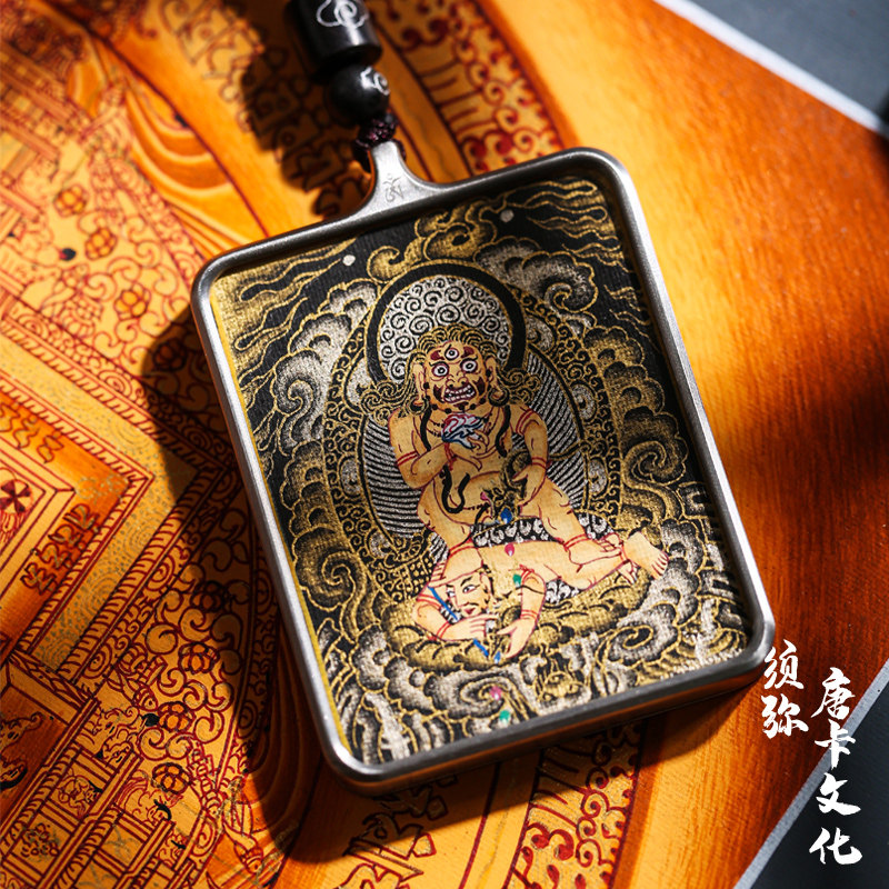 藏式唐卡黑财神坠西藏尼泊尔纯手工热贡项链吊坠随身财宝天王唐卡