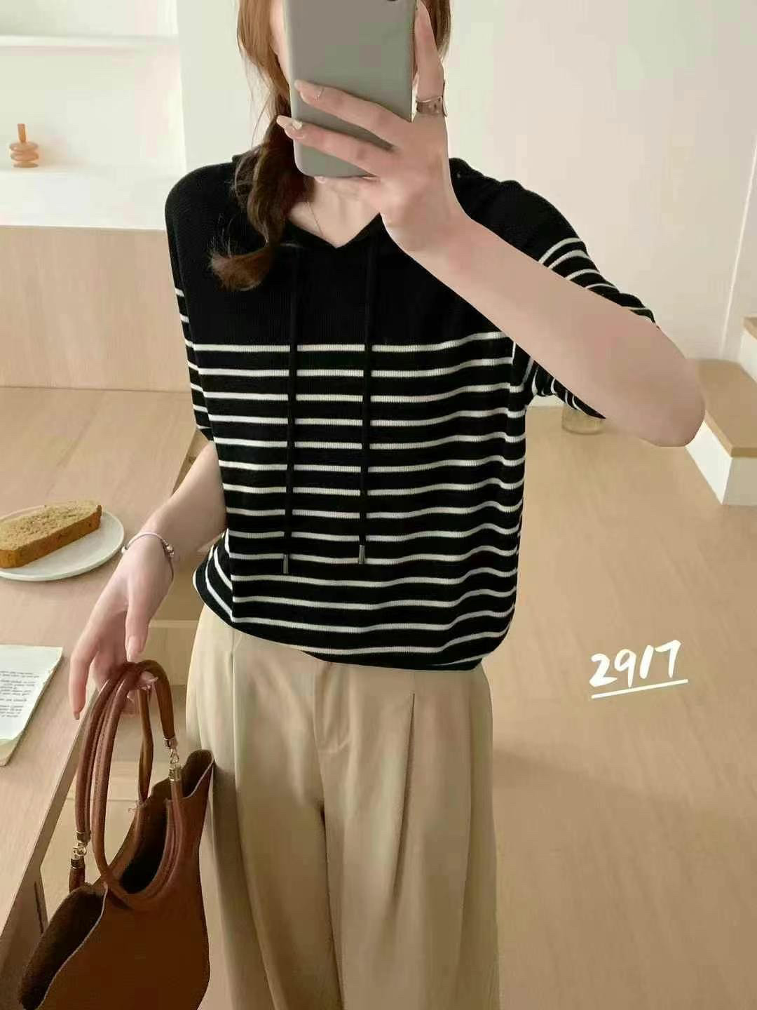 连帽短袖t恤女夏季2025新款毛针织衫
