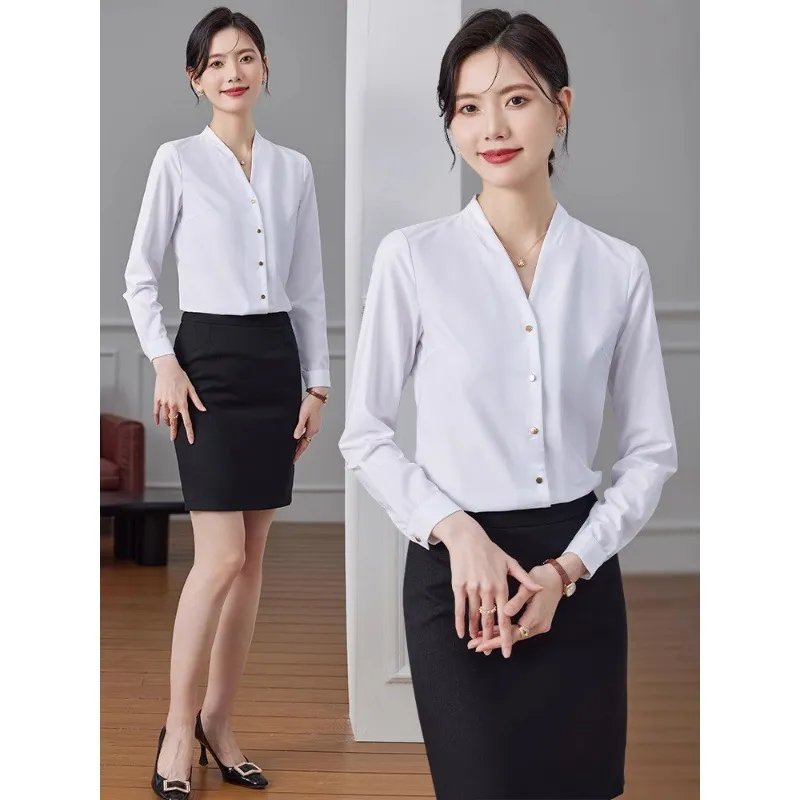 v领白色职业衬衫女2024新款长袖西装内搭打底气质酒店前台工作服