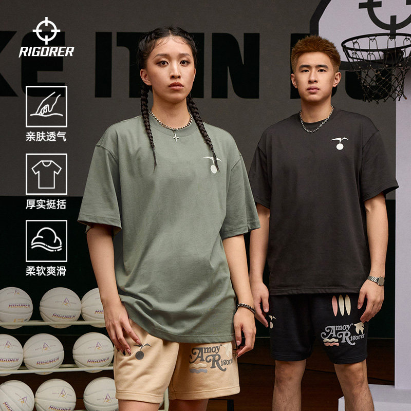 准者运动短袖男女夏季新款透气海洋印花情侣宽松简约纯色T恤上衣