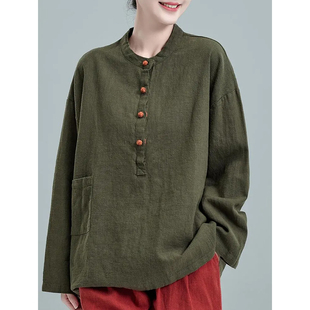女装 棉款 禅意复古宽松小衫 上衣春秋季 简约棉麻盘扣半开领套头长袖