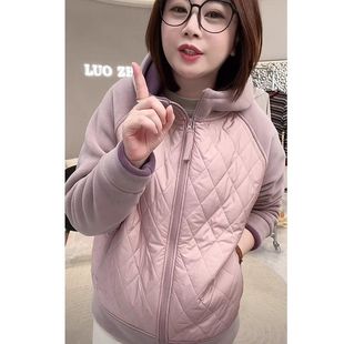 女装 妈妈装 大码 百搭显保暖防风长袖 卫衣撞色连帽加厚外套 秋冬新款