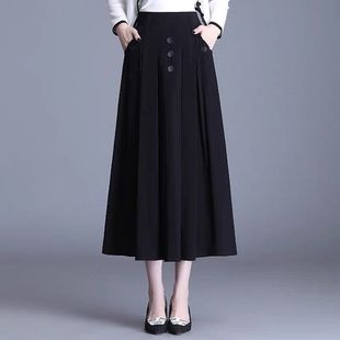 新款 扣子a字妈妈大摆裙子 高腰垂感牛奶丝纯色半身裙百褶中长显瘦