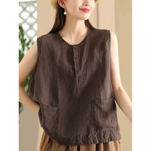棉麻凉快纯色背心女装 新款 上衣外穿口袋设计纽扣圆领夏季 纯棉无袖