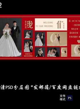 红色新中式婚礼设计效果图婚庆照片背景墙喷绘布置PSD素材模板