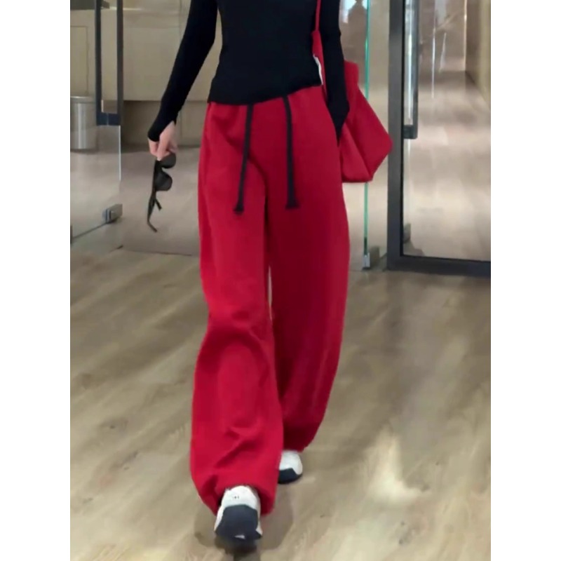 2025秋冬新款红色加绒弯刀裤女