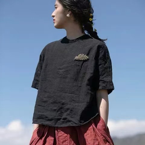 黑色短袖圆领亚麻衬衫文艺复古