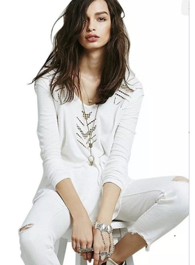 FP原D 绑带设计V领长袖针织衫女白色两穿打底上衣