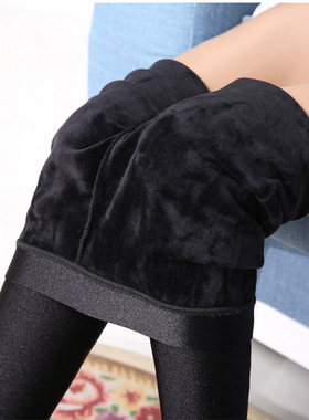 秋冬季高腰光泽裤加绒加厚打底裤外穿踩脚保暖裤紧身小脚长裤大码