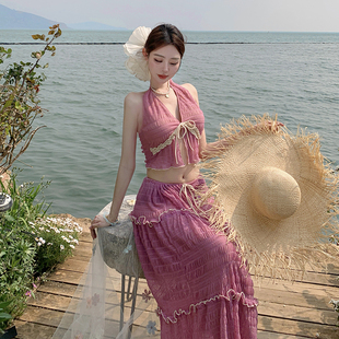 法式轻奢  粉紫色唯美花边高级感马尔代夫度假长裙绝美分体泳衣女