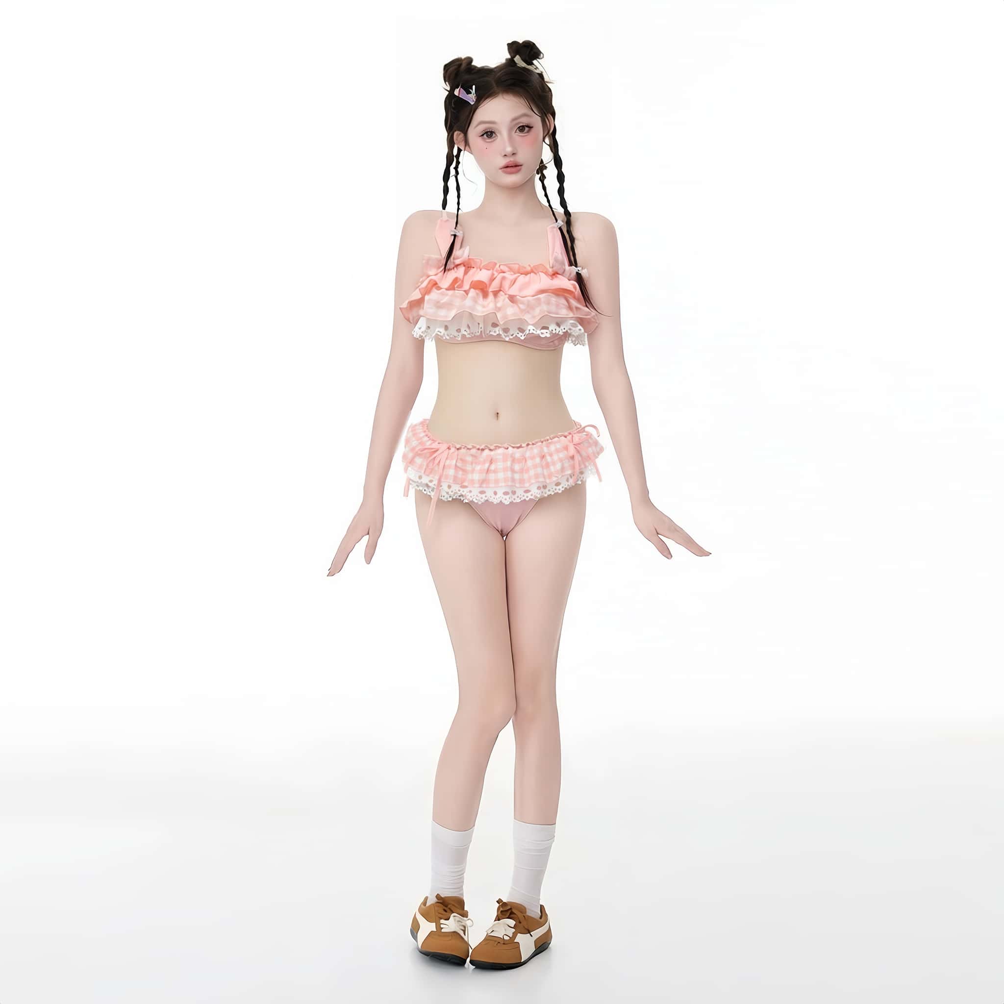 甜美小清新 粉色可爱格子蕾丝蛋糕层分体比基尼三亚海岛度假泳衣