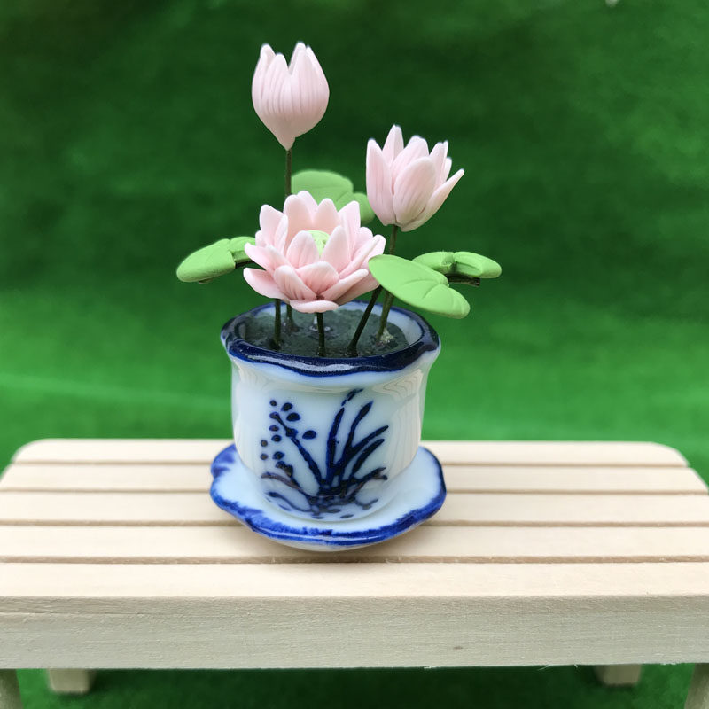 1:12娃娃屋DOLLHOUSE迷你模型手工ob11植物 陶瓷花盆荷花莲花摆件