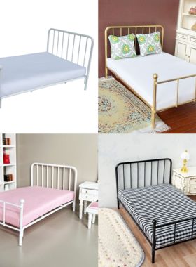 1:12娃娃屋dollhouse迷你模型卧室场景 铁架床单人床微缩小床简约