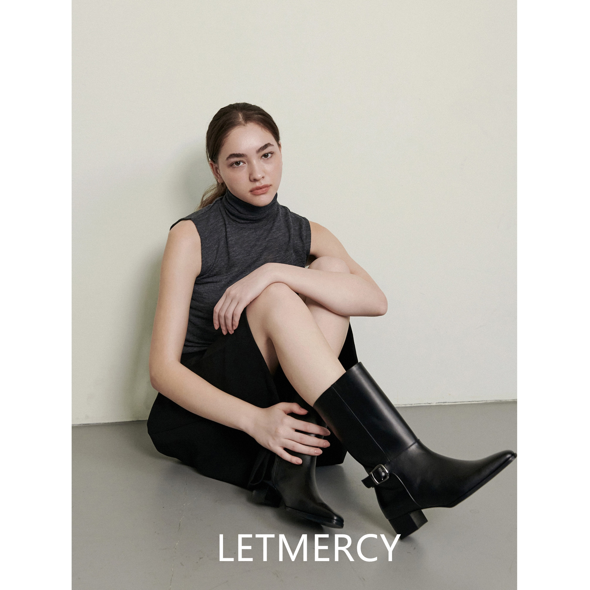 LETMERCY 2025新款西部牛仔靴骑士靴复古褶皱堆堆靴真皮中筒靴