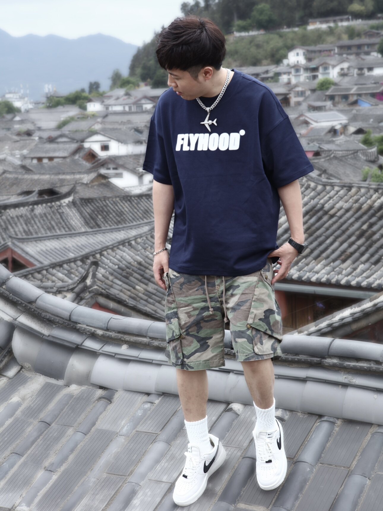 FLYHOOD起落安妥基础logo幻影纯棉男女同款短袖民航乘务飞行员