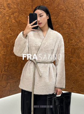 西班牙进口拉贡lagon原生态皮毛一体女外套显瘦有腰带气质V领皮草